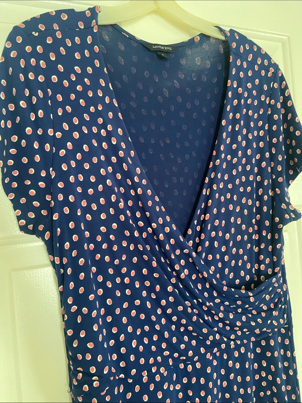 Lane Bryant Navy Wrap-Front Polka Dot dress with Pink Accents